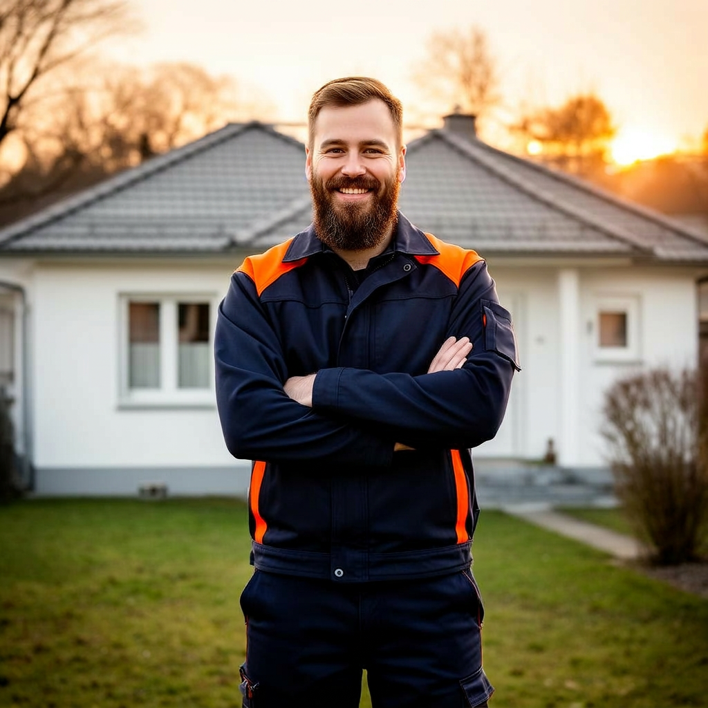 Mitarbeiter in orangefarbener Warnweste mit Besen vor einem Einfamilienhaus – bereit für die Hausentrümpelung