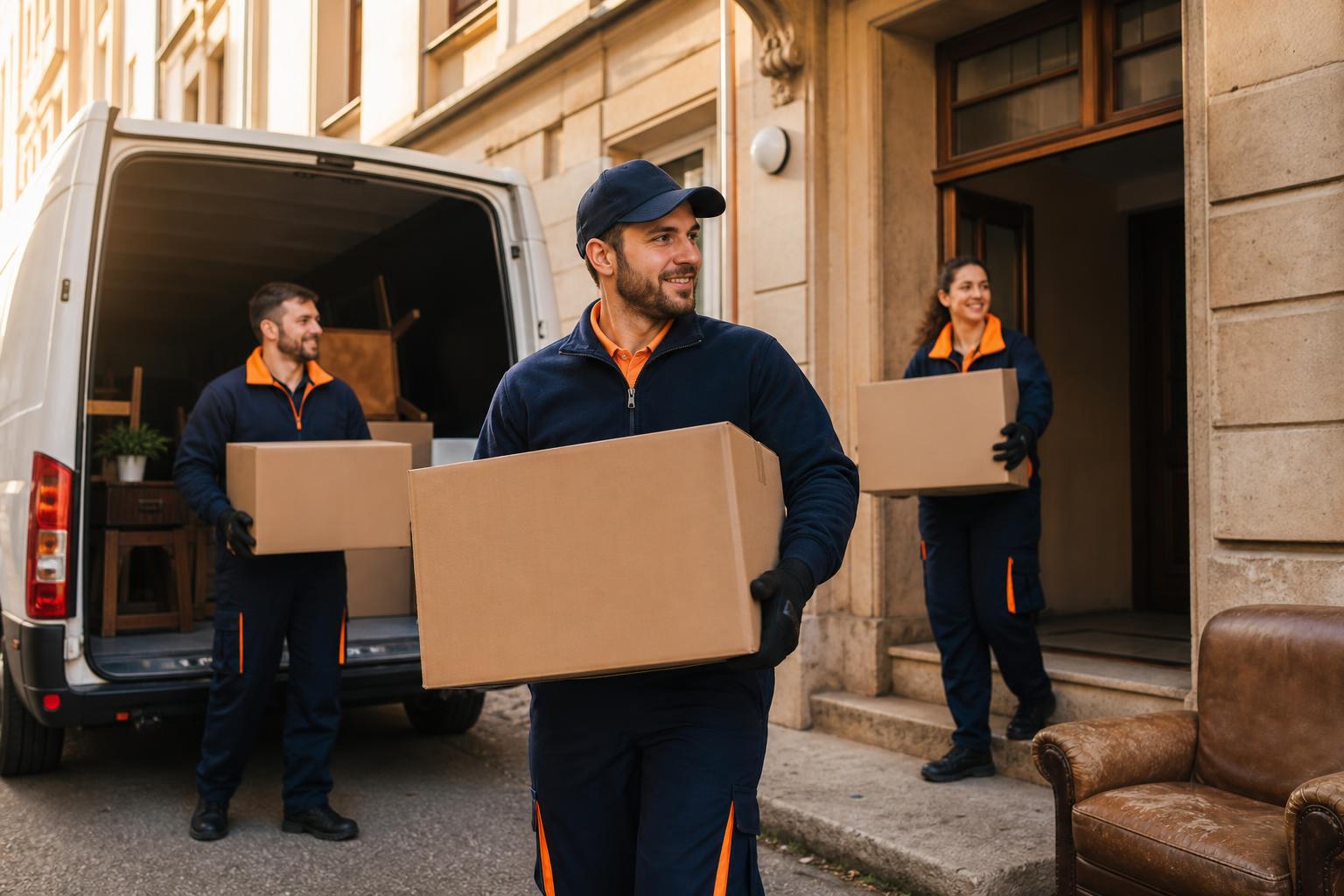 Freundliches Team in dunkelblau-oranger Arbeitskleidung trägt Kartons aus einem Altbau in einen weißen Transporter – Haushaltsauflösung in Sinsheim